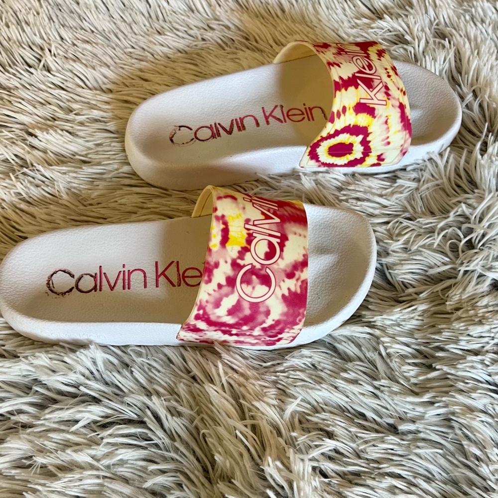 Calvin Klein Cilla Tie Dye Slider Sandals Pink & Yellow Size 6 - Picture 2 of 5